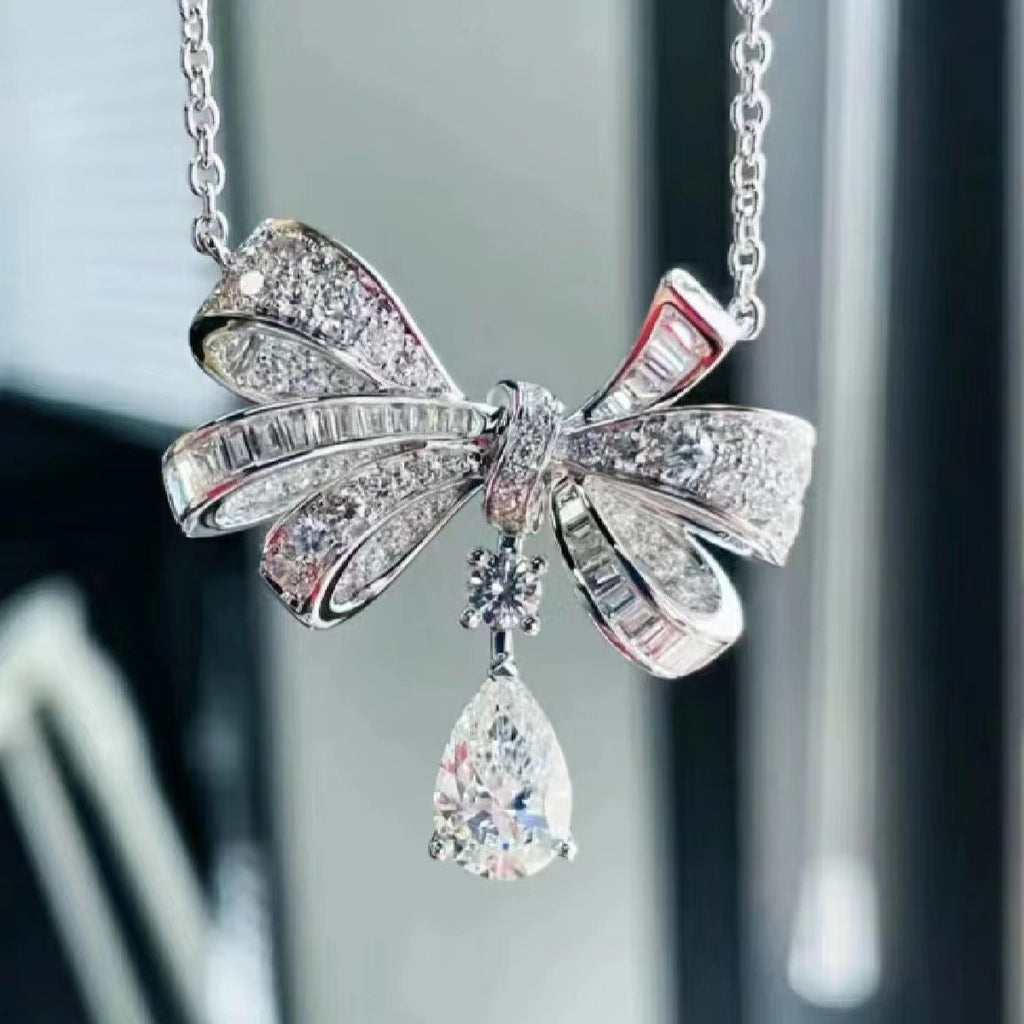 满钻锆石蝴蝶结吊坠水滴简约气质百搭项链女锁骨链新款颈链精致