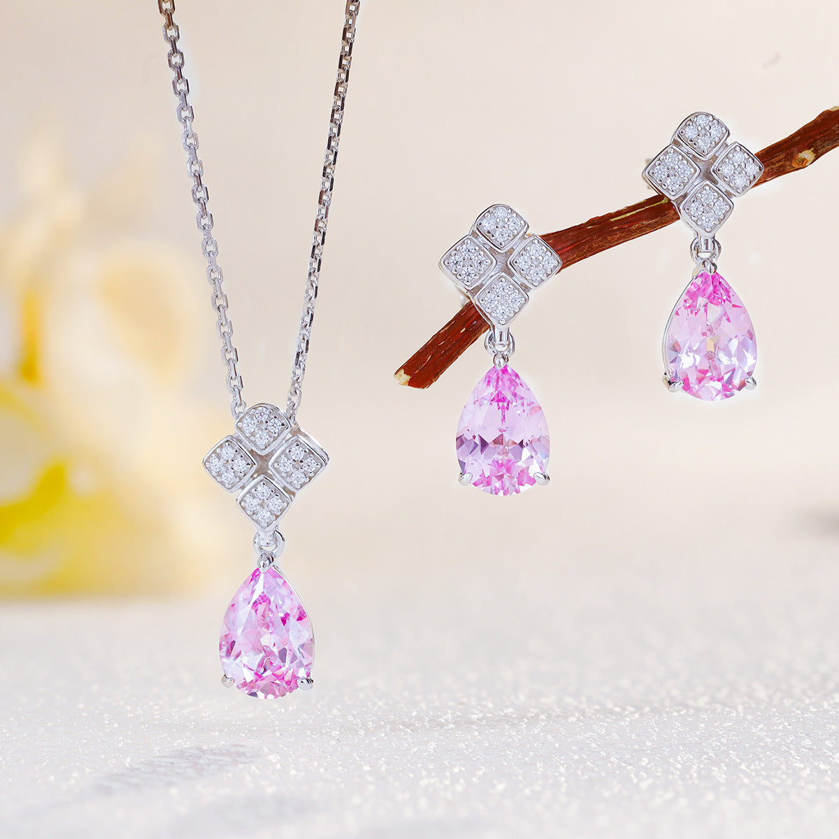 The Elara Morganite Pink Pendant and Stud Set