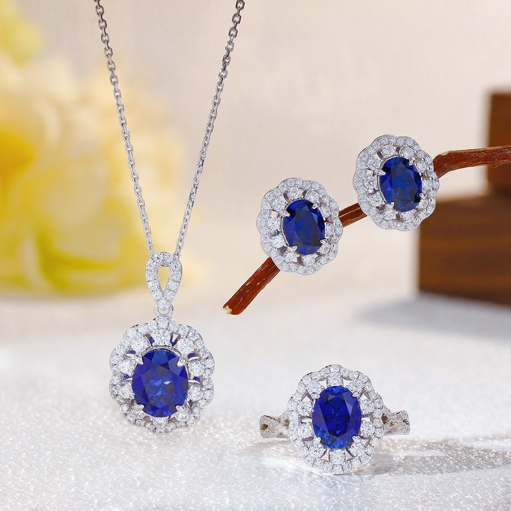 The Diana Blue Sapphire Halo Jewelry Suite