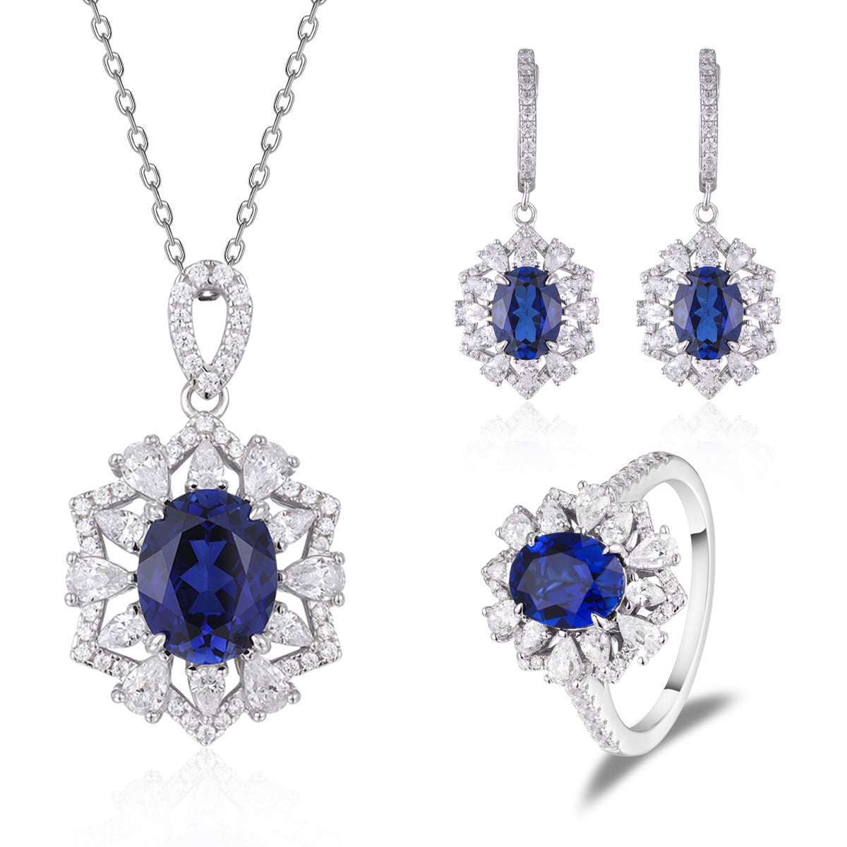 The Isadora Blue Sapphire Halo Jewelry Suite