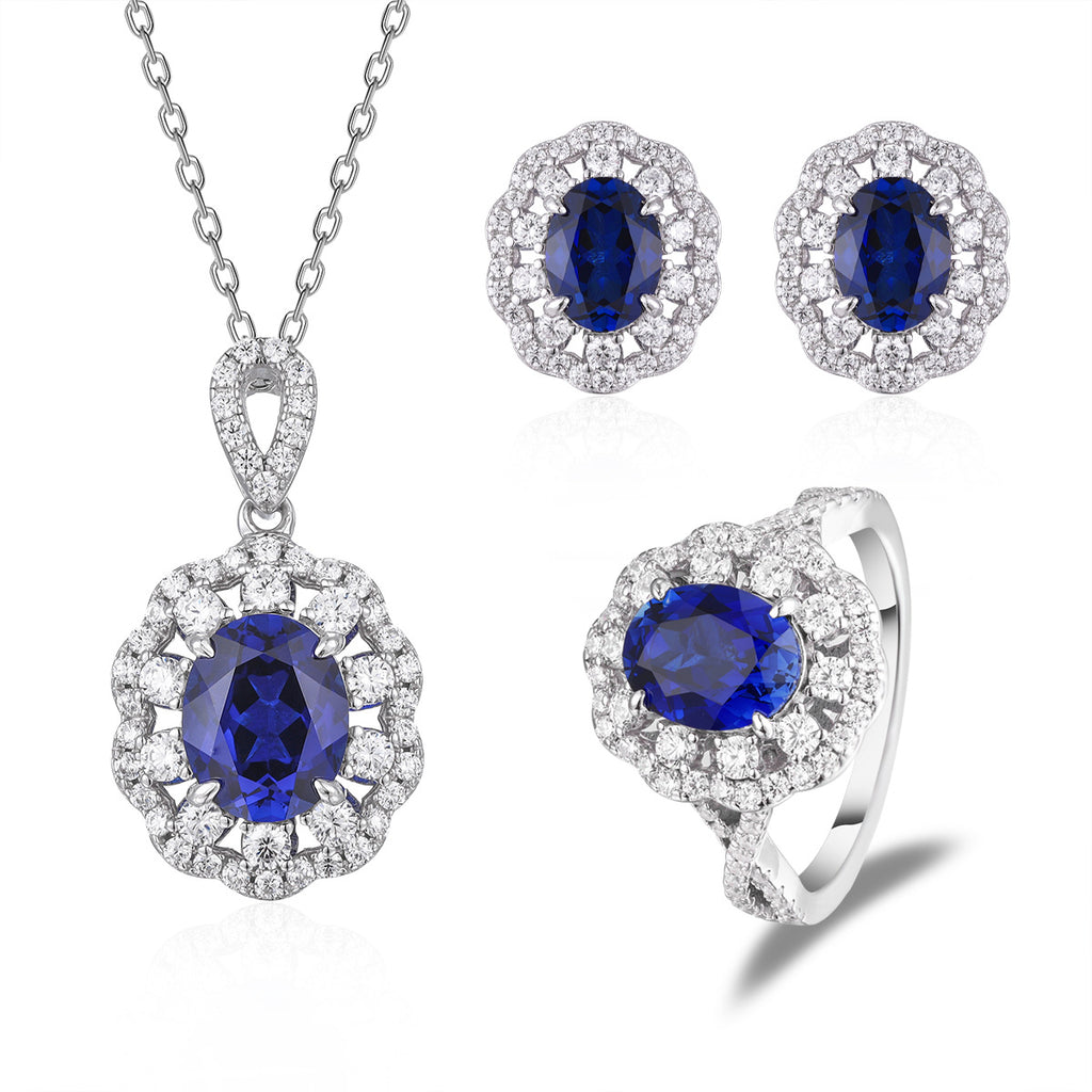 The Diana Blue Sapphire Halo Jewelry Suite