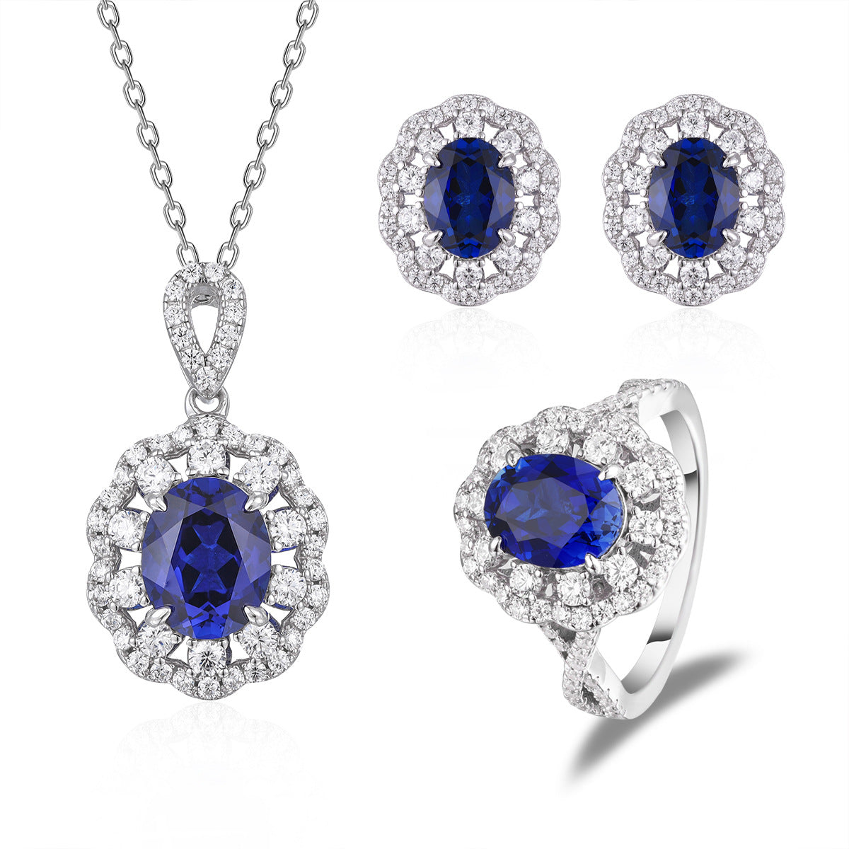 The Diana Blue Sapphire Halo Jewelry Suite