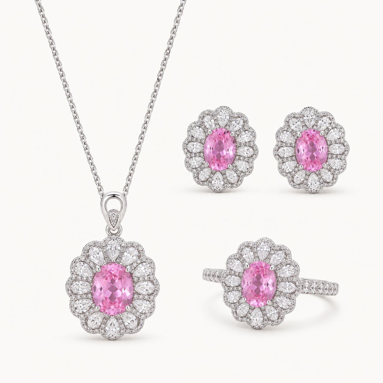 The Amelie Morganite Pink Jewelry Suite on a warm white background
