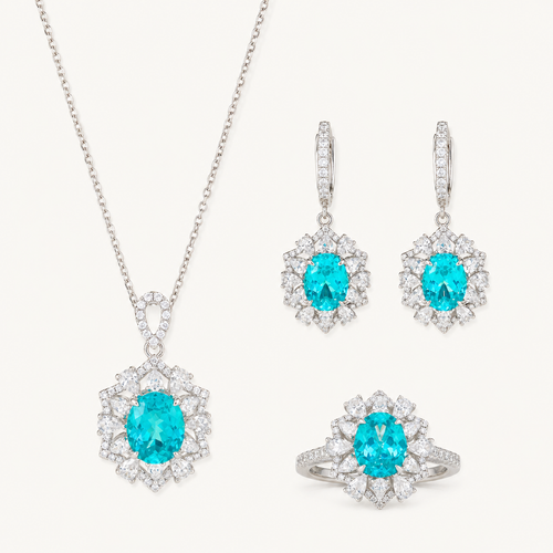 Capri Paraiba blue jewelry suite on warm white