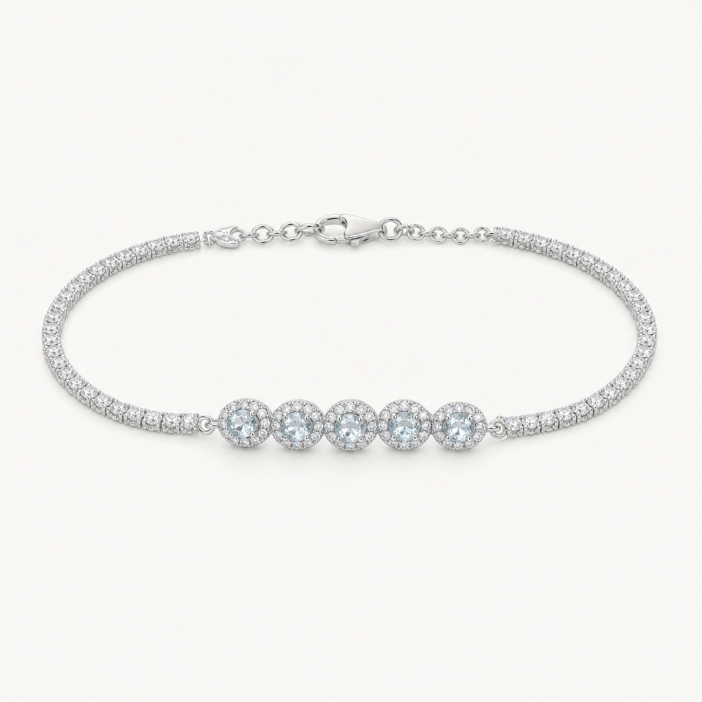 Celeste aquamarine tennis bracelet on warm white