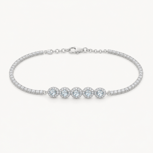 Celeste aquamarine tennis bracelet on warm white