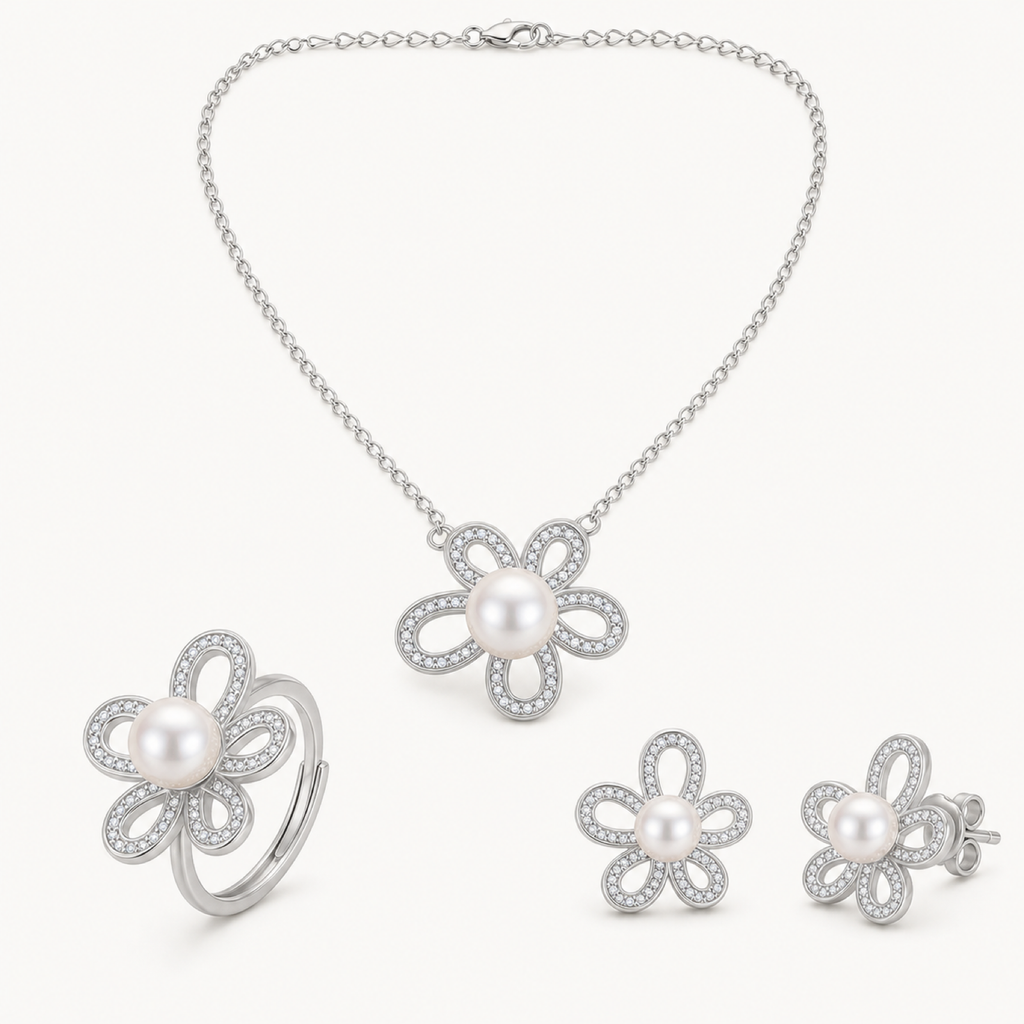 Colette pearl flower jewelry suite on warm white