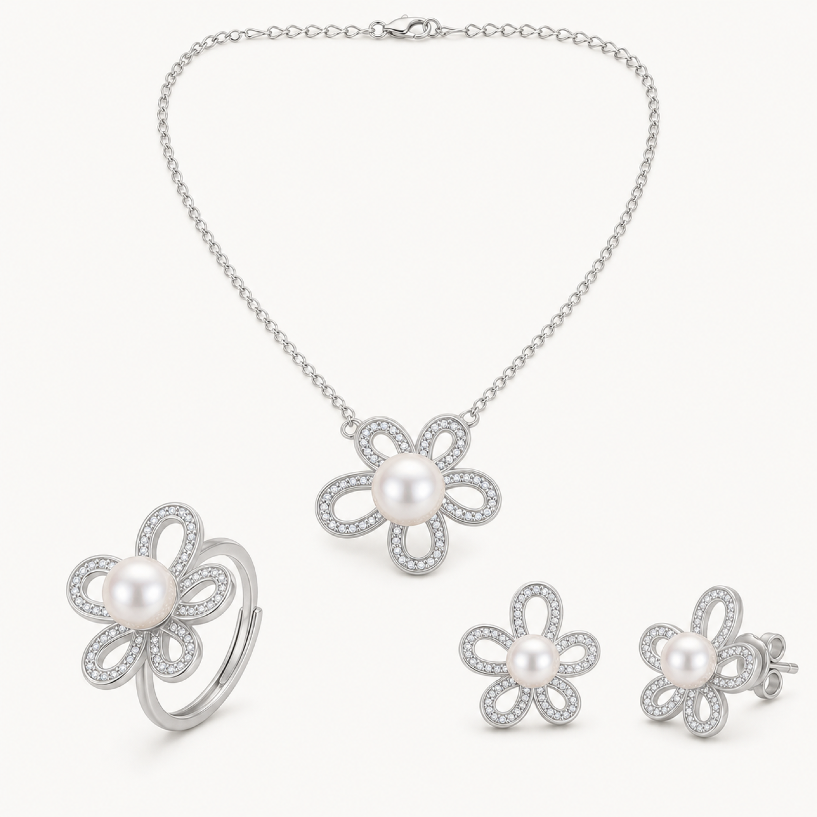 Colette pearl flower jewelry suite on warm white