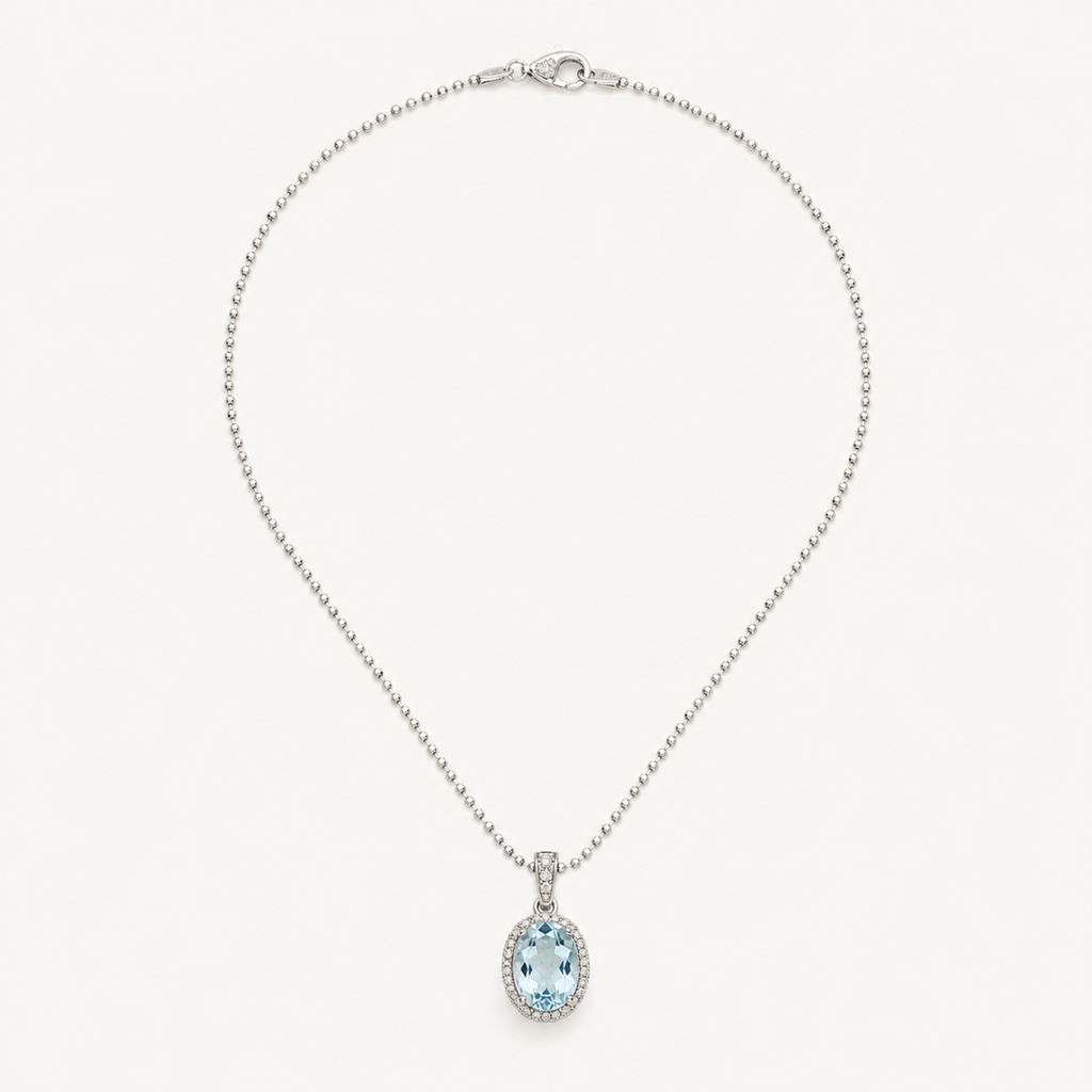 The Oceane Aquamarine Oval Pendant on warm white