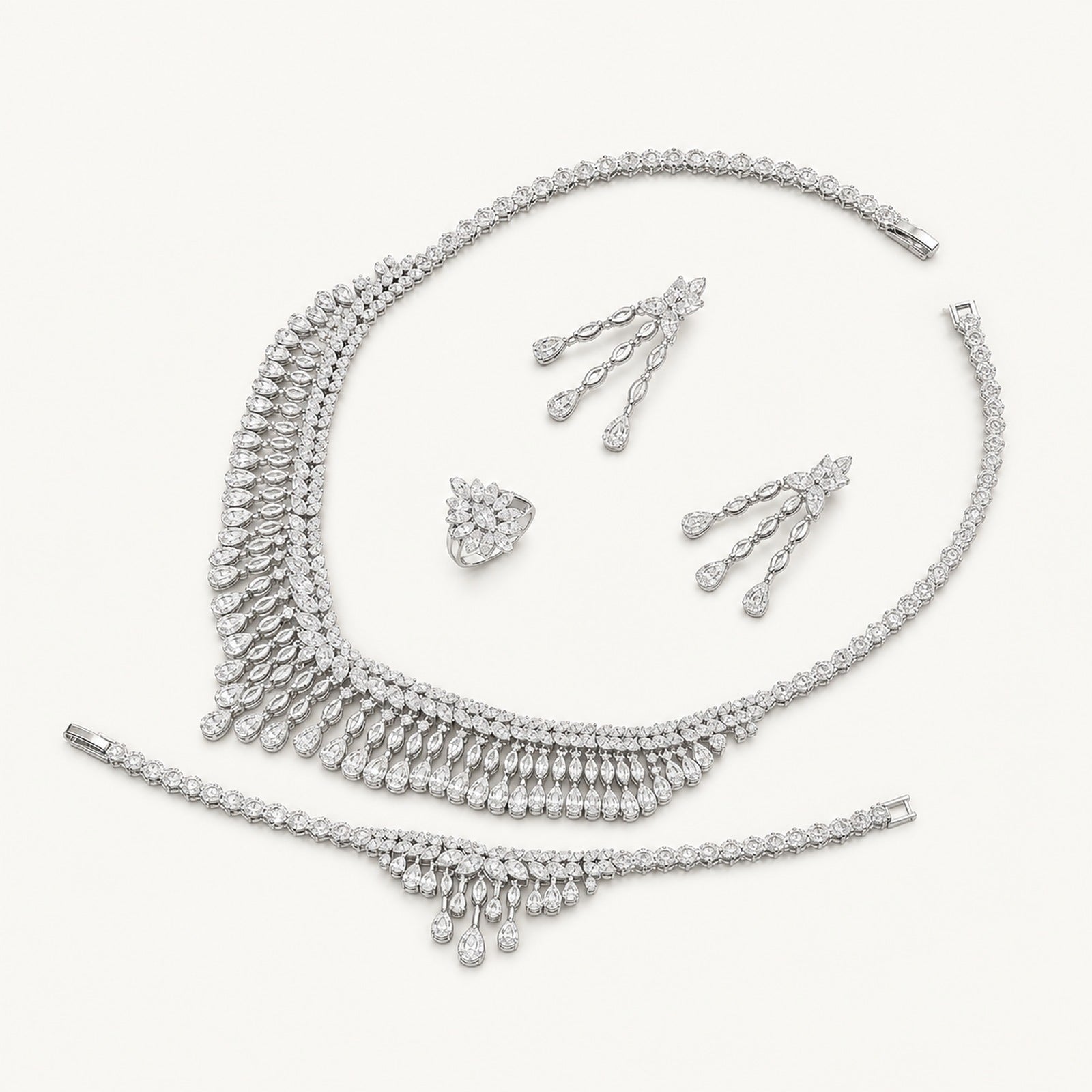 The Alexandra Double-Row Crystal Jewelry Set on a warm white background