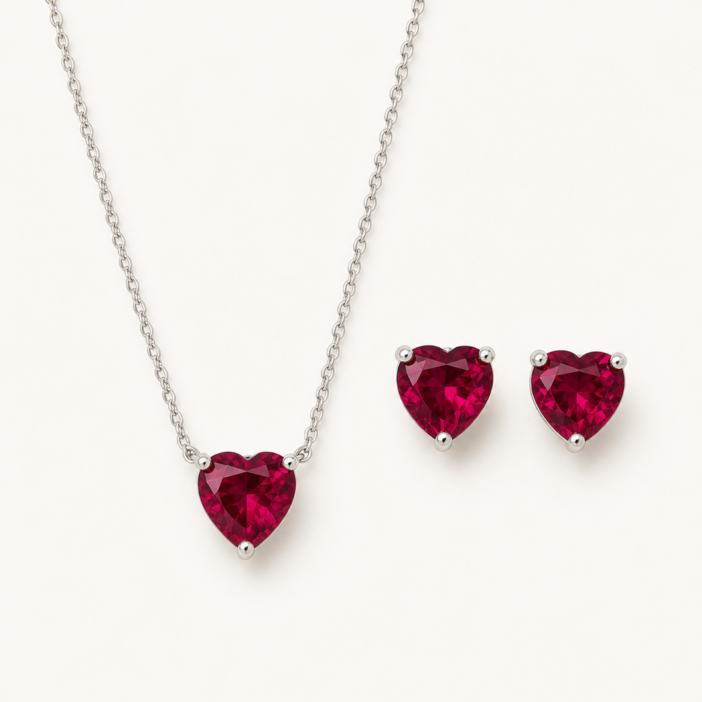 Juliette ruby heart jewelry set on warm white