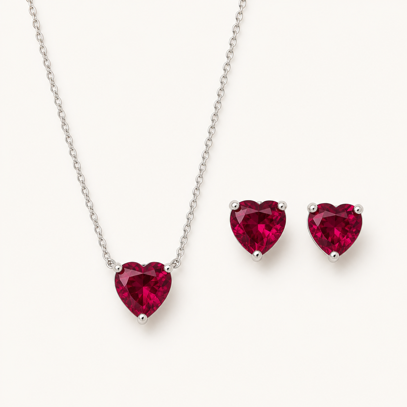 Juliette ruby heart jewelry set on warm white
