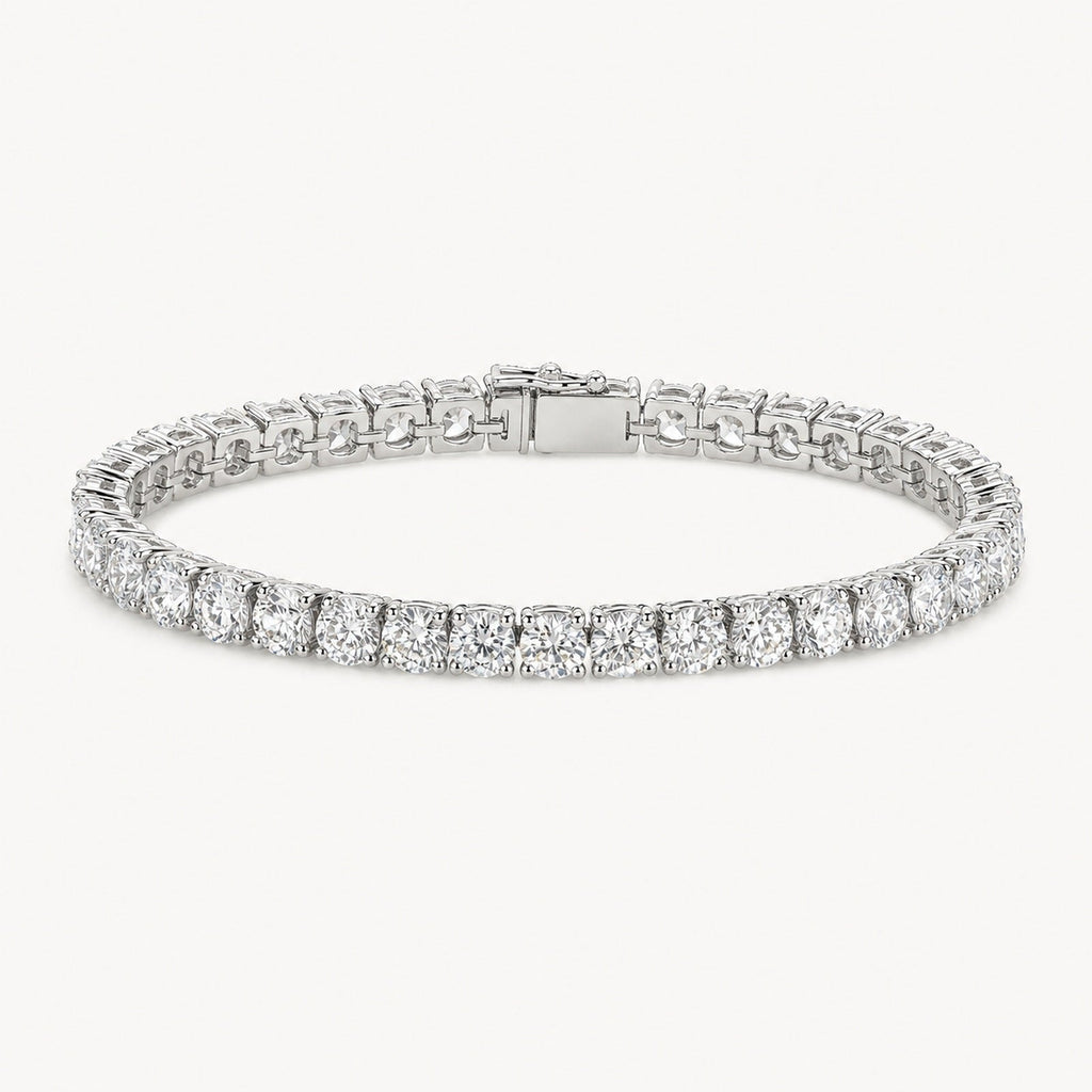 The Riviera Moissanite Tennis Bracelet on a warm white background