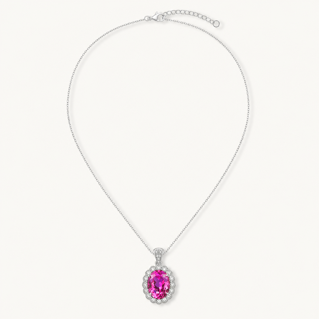 The Roseline Pink Tourmaline Oval Pendant Necklace on warm white
