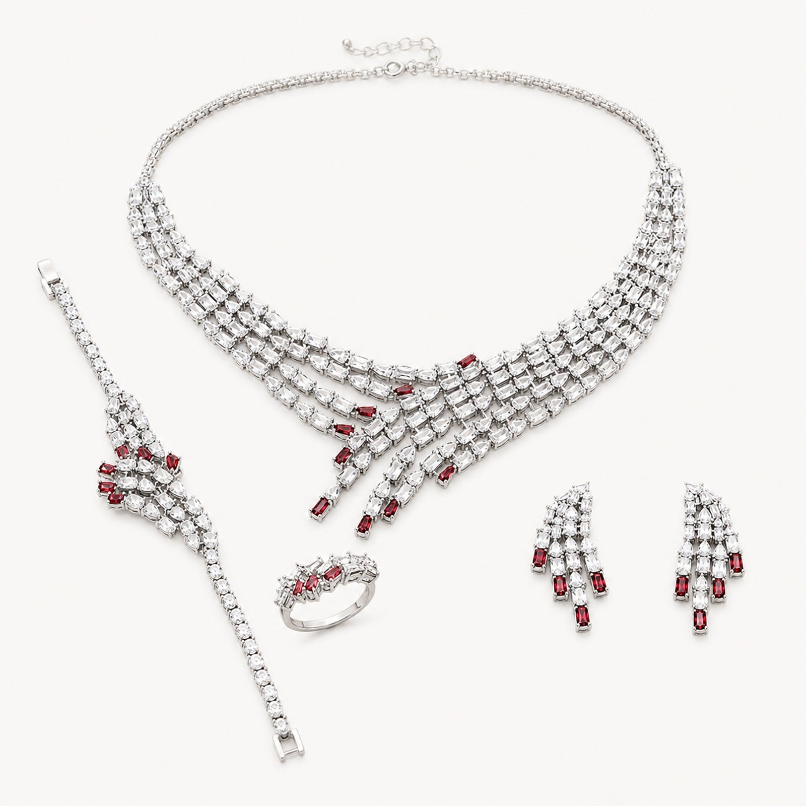 The Valentina Red Baguette Bridal Jewelry Set on a warm white background